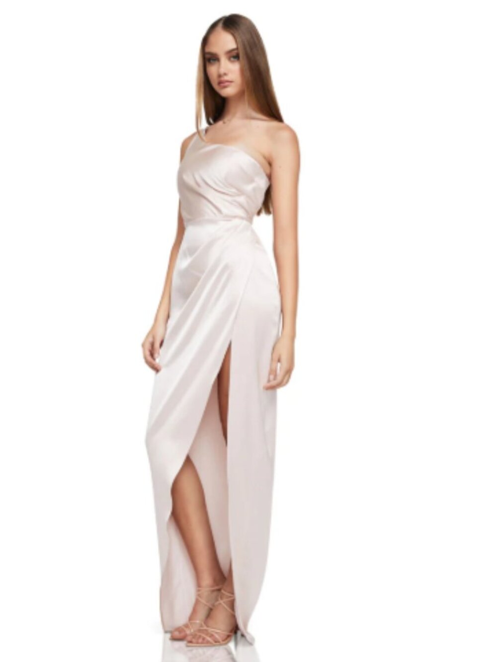 Mookie Virtue One Shoulder Luxe Satin Full Length Gown Nude Size Small
